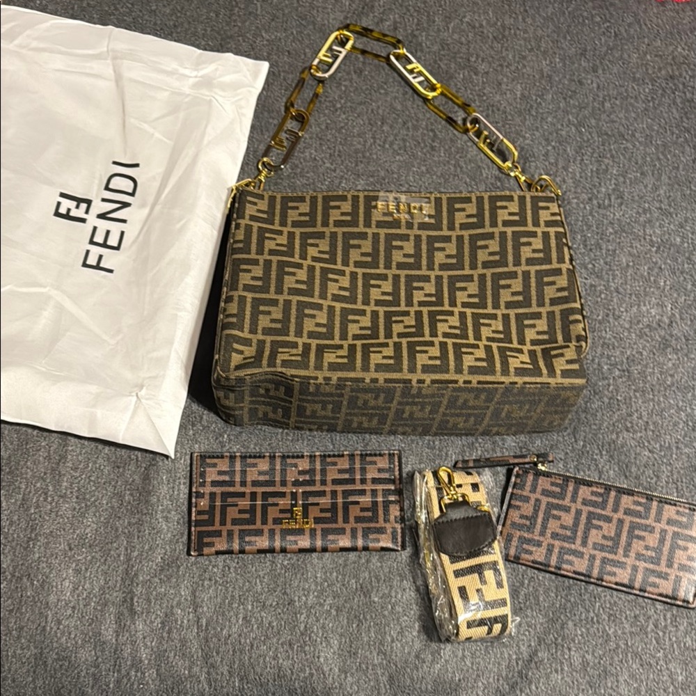 Fendi Brown and Tan Crossbody Bag with Geometric Pattern